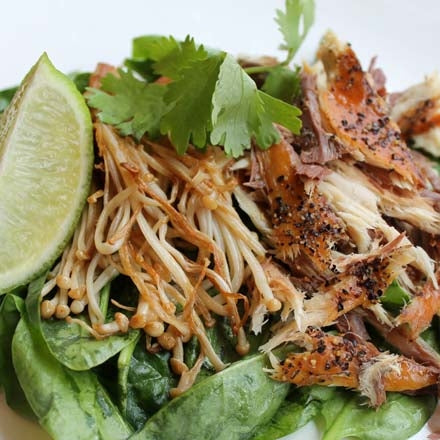 Warm salad with smoked mackerel and enokitake