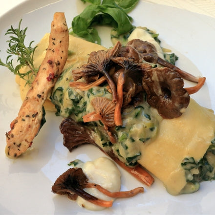 Open Ravioli with Chicken, Spinach, and Winter Chanterelles