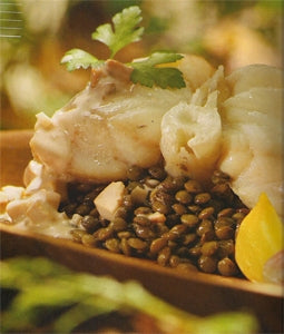 Sliced monkfish with hedgehog mushrooms and Puy lentils